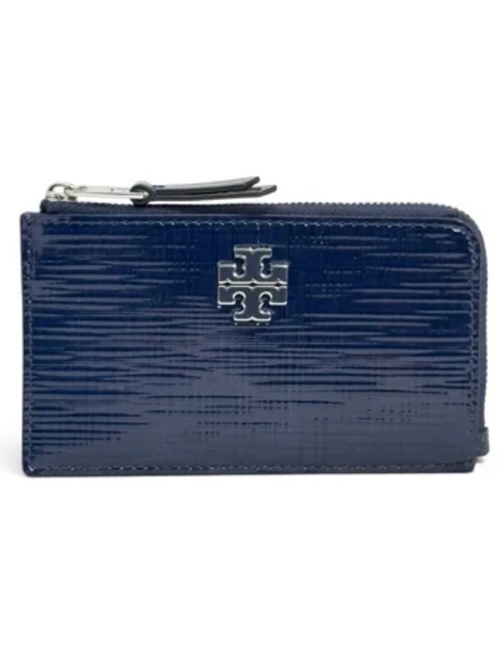 Tory Burch Britten Textured Patent Zip Card Case Navy (MSRP $